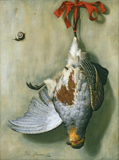 パートリッジとトロンプ・ルイユ、1666 作： Hendrik de Fromantiou